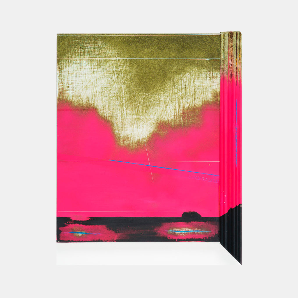The artwork 'Second Hour' by Troy Medinis features a striking abstract composition with a vibrant hot pink background contrasting against a metallic gold cloud-like formation at the top. A thin blue diagonal line cuts across the pink space, while black geometric elements frame the right edge. Mixed media textures blend acrylic and spray paint techniques on panel. By Troy Medinis.