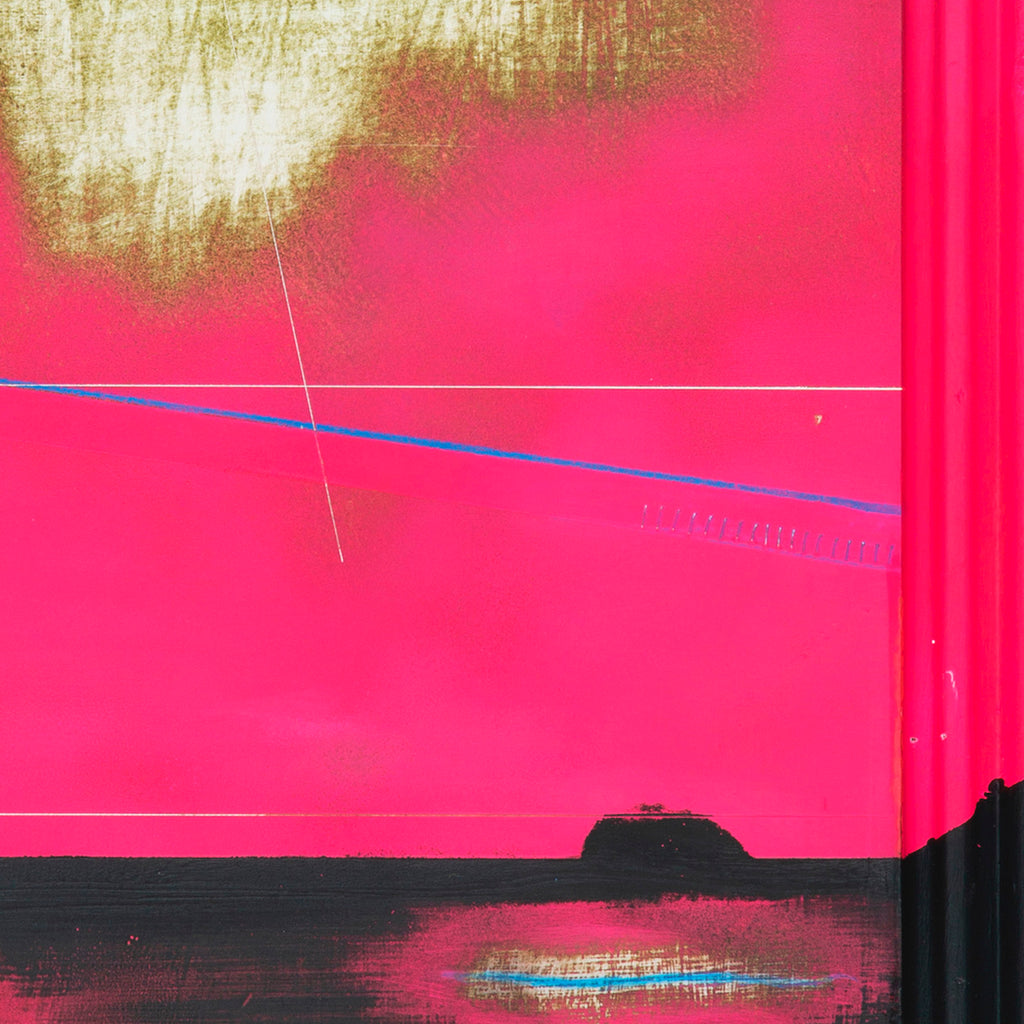 The artwork 'Second Hour' by Troy Medinis features a vibrant pink background intersected by a thin blue horizontal line. A golden textured area occupies the upper left corner, while a black section grounds the bottom. The mixed media piece combines acrylic, spray paint, and colored pencil, creating a striking abstract composition with geometric elements and contrasting colors. By Troy Medinis.