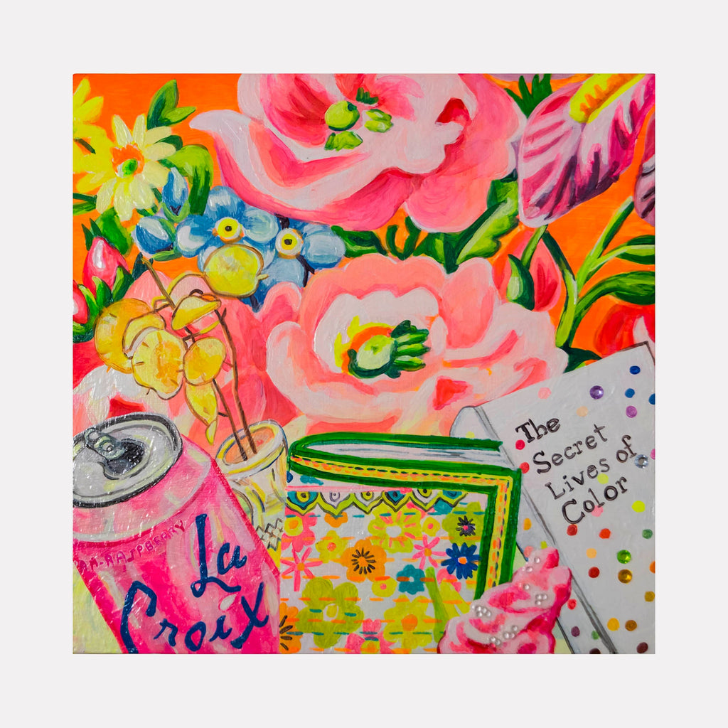 The artwork 'The Secret Life of Color' by Mary Younkin features vibrant pink peonies and yellow daisies alongside a decorative green box and La Croix can in a whimsical still life composition. Acrylic paint creates bold, expressive brushstrokes with gemstone accents on a wood panel, combining modern pop culture elements with traditional floral motifs in a fresh, contemporary style.