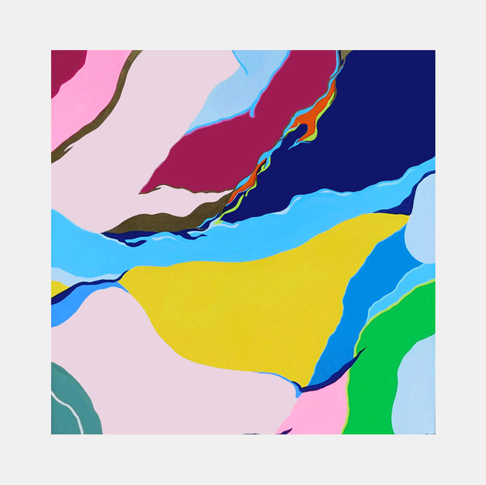 The artwork 'Sector' by Ellannah Sadkin features abstract organic shapes in vibrant colors including bright yellow, pink, blue, and green, creating flowing, map-like segments across the canvas. The composition suggests fluid movement with curved edges and bold color transitions, painted in acrylic on a 26x26 inch canvas by Ellannah Sadkin.