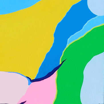 The artwork 'Sector' by Ellannah Sadkin features abstract organic shapes in vibrant colors including yellow, blue, green, and pink, flowing together like puzzle pieces on canvas. The fluid forms create dynamic movement across the composition, with smooth edges and clean color transitions characteristic of acrylic painting technique.