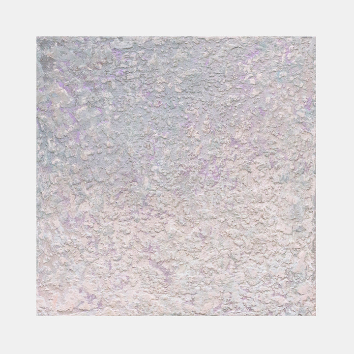 The artwork 'Sediment III' by Jacqueline Ferrante features a textured abstract surface with iridescent qualities, blending subtle shades of silvery gray and soft pink. The acrylic and iridescent pigment create a crystalline, mineral-like appearance on birch panel, resembling natural sedimentary formations with a pearlescent sheen by Jacqueline Ferrante.
