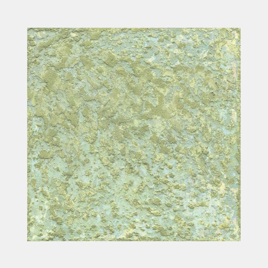 The artwork 'Sediment V' by Jacqueline Ferrante features a textured abstract composition in sage green and mint hues. The surface appears weathered and organic, reminiscent of natural mineral formations, created through layered acrylic and concrete on birch panel. The 10x10 inch piece showcases a mottled, earthy patina with subtle color variations throughout the composition.