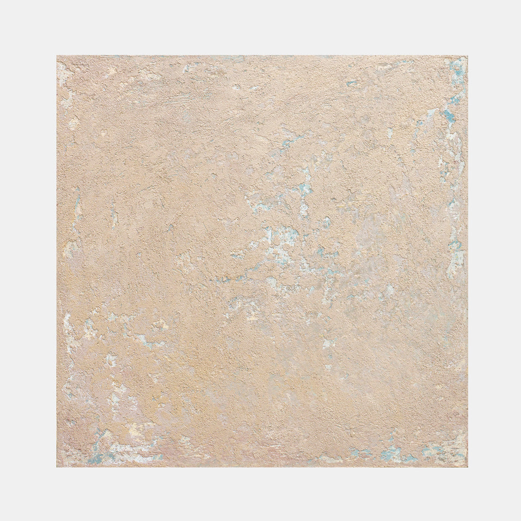 The artwork 'Sediment VII' by Jacqueline Ferrante features a textured beige square composition with subtle pale blue accents scattered throughout. The concrete and acrylic create a weathered, earthy surface reminiscent of natural sedimentary formations, with delicate layering and organic patterns across the birch panel.