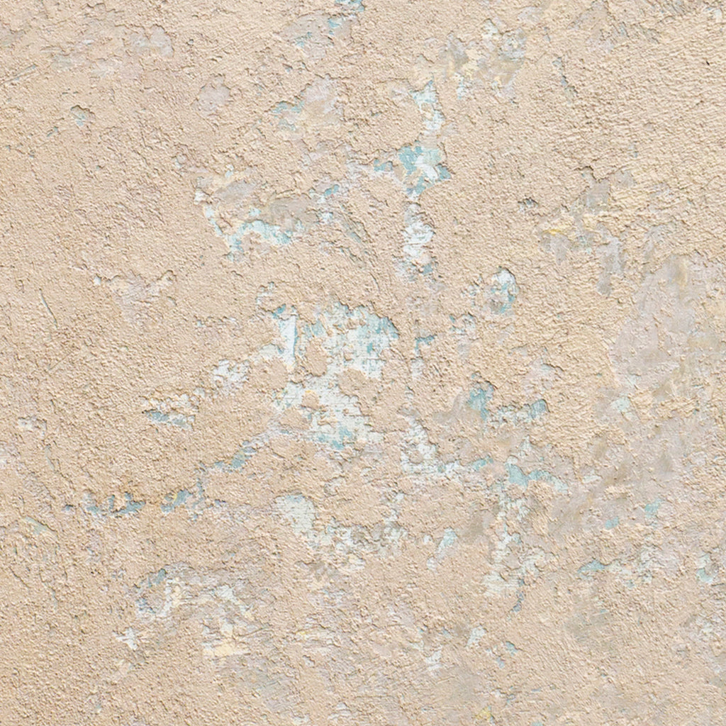 The artwork 'Sediment VII' by Jacqueline Ferrante features a textured abstract composition with weathered beige and cream tones, accented by subtle pale blue undertones. The surface resembles distressed concrete or natural limestone, with an organic, erosion-like pattern created through acrylic and concrete on birch panel.