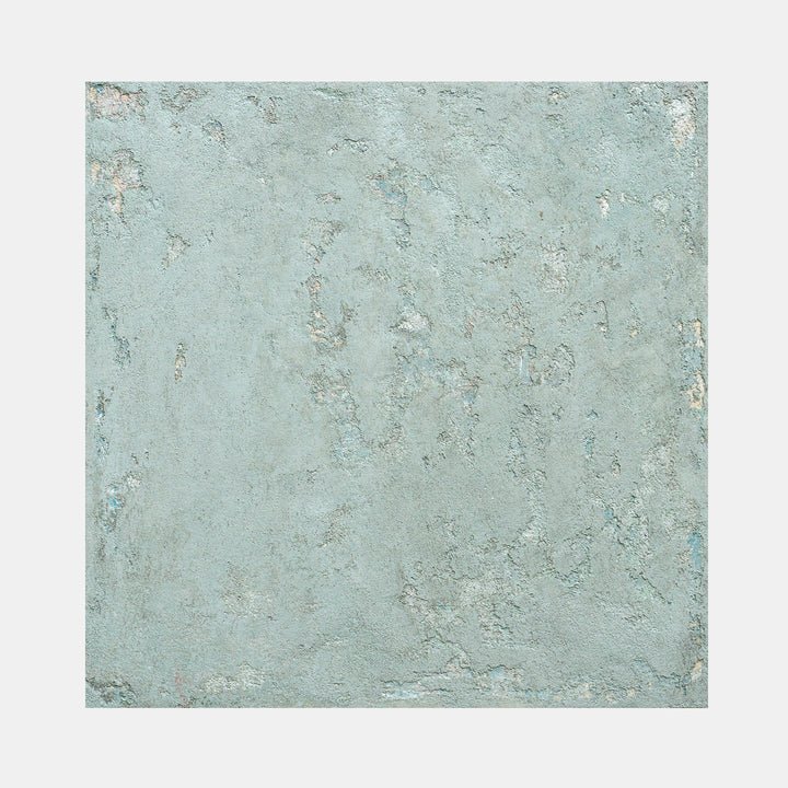The artwork 'Sediment VIII' by Jacqueline Ferrante features a textured abstract composition in soft seafoam green with distressed, weathered effects. The concrete and acrylic medium creates a patinated surface reminiscent of aged walls, with subtle variations in tone and naturally eroded patterns across the 10x10 inch birch panel by Jacqueline Ferrante.