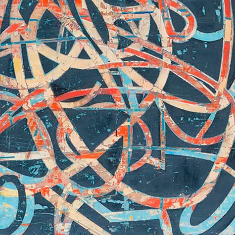The artwork 'Sedona' by Mary Didoardo features dynamic interwoven curves and lines in coral red and cream against a deep navy background. Abstract expressionist oil painting on wood showcasing fluid, rhythmic brushstrokes with textural elements. The composition suggests movement through intersecting circular patterns and organic forms, measuring 24x18 inches by Mary Didoardo.