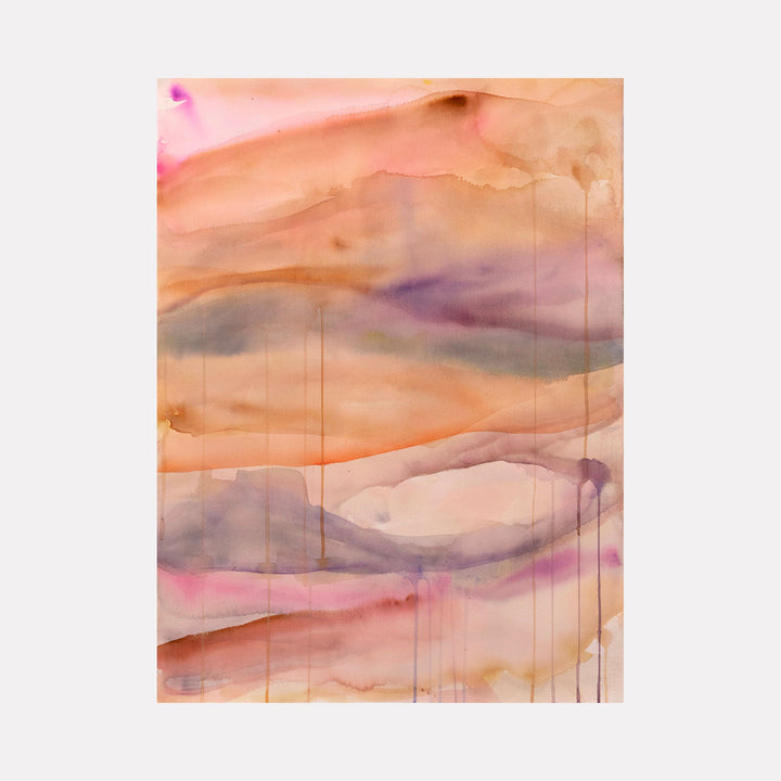 The artwork 'Sedona' by Kristin Gaudio Endsley features flowing layers of watercolor in warm desert tones of peach, coral, and dusty purple. Abstract waves create a layered landscape effect with subtle drip marks, evoking the natural sedimentary formations of Sedona's iconic red rocks. Painted on watercolor paper by Kristin Gaudio Endsley.