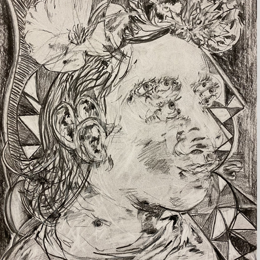 The artwork 'Seeking Light: Flower Bloomer' by Chancy Glance features an ethereal charcoal drawing depicting an upward-gazing profile adorned with delicate blooming flowers. The composition showcases intricate line work, dramatic shading, and geometric patterns framing the central figure. The 11x8.5 inch piece demonstrates masterful charcoal techniques creating a dreamlike quality.