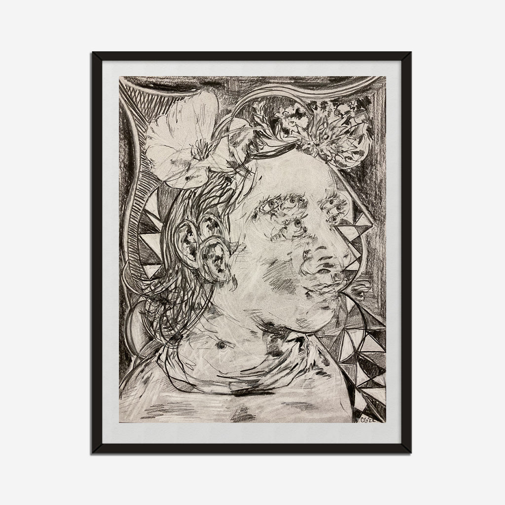 The artwork 'Seeking Light: Flower Bloomer' by Chancy Glance features an expressive charcoal portrait adorned with blooming flowers. Strong geometric patterns frame the composition, while delicate floral elements intertwine with flowing, organic lines. The dramatic contrast of light and shadow in the charcoal medium creates depth and texture across the 11x8.5 inch paper surface.