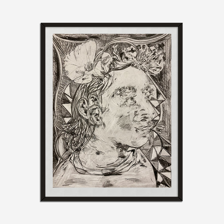 The artwork 'Seeking Light: Flower Bloomer' by Chancy Glance features an expressive charcoal portrait adorned with blooming flowers. Strong geometric patterns frame the composition, while delicate floral elements intertwine with flowing, organic lines. The dramatic contrast of light and shadow in the charcoal medium creates depth and texture across the 11x8.5 inch paper surface.