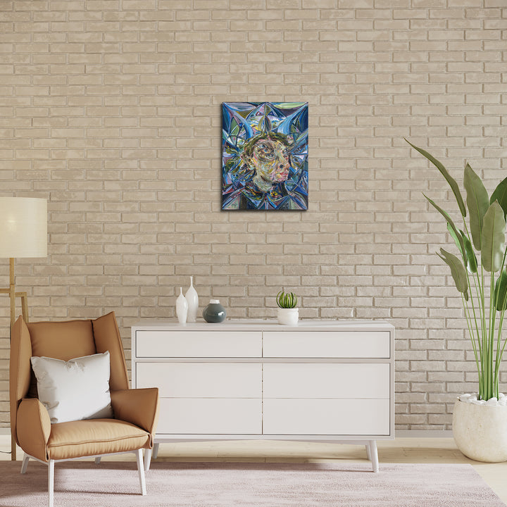 The artwork 'Seeking Light: Mirrored Eye' by Chancy Glance features a mesmerizing kaleidoscopic design in vibrant blues and silvers. Abstract geometric patterns radiate outward from a central circular motif, creating a dynamic starburst effect on gallery wrapped canvas. The 24x18 inch acrylic painting combines crystalline shapes with fluid brushstrokes, reflecting light and movement.