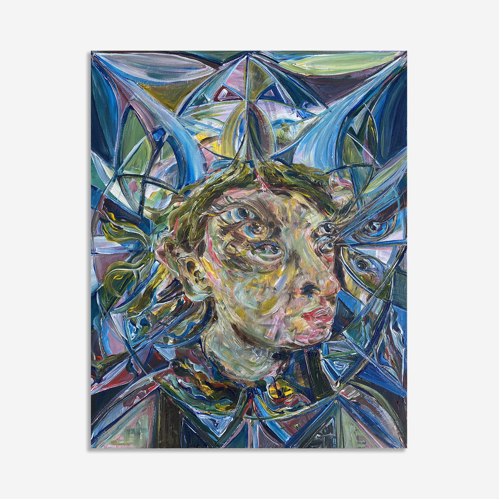 The artwork 'Seeking Light: Mirrored Eye' by Chancy Glance features a surreal portrait surrounded by geometric blue crystalline shapes. The central figure emerges through layers of kaleidoscopic patterns, rendered in expressive brushstrokes of green, yellow, and blue. The acrylic painting on canvas creates a dynamic interplay of light and reflection, with fractured mirror-like elements radiating outward.