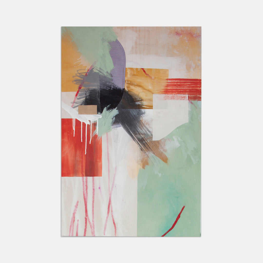 The artwork 'Seemingly Simple II' by Rebecca Stern features an abstract composition with dynamic brushstrokes in mint green, coral red, and rich black. Bold geometric shapes intersect with fluid drips and gestural marks, creating a harmonious balance between structured and organic elements on a white canvas. Measuring 39x26 inches, the piece showcases contemporary mixed media techniques.