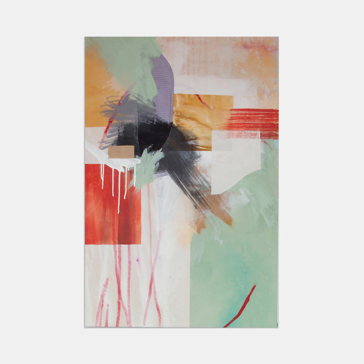 The artwork 'Seemingly Simple II' by Rebecca Stern features an abstract composition with dynamic brushstrokes in mint green, coral red, and rich black. Bold geometric shapes intersect with fluid drips and gestural marks, creating a harmonious balance between structured and organic elements on a white canvas. Measuring 39x26 inches, the piece showcases contemporary mixed media techniques.