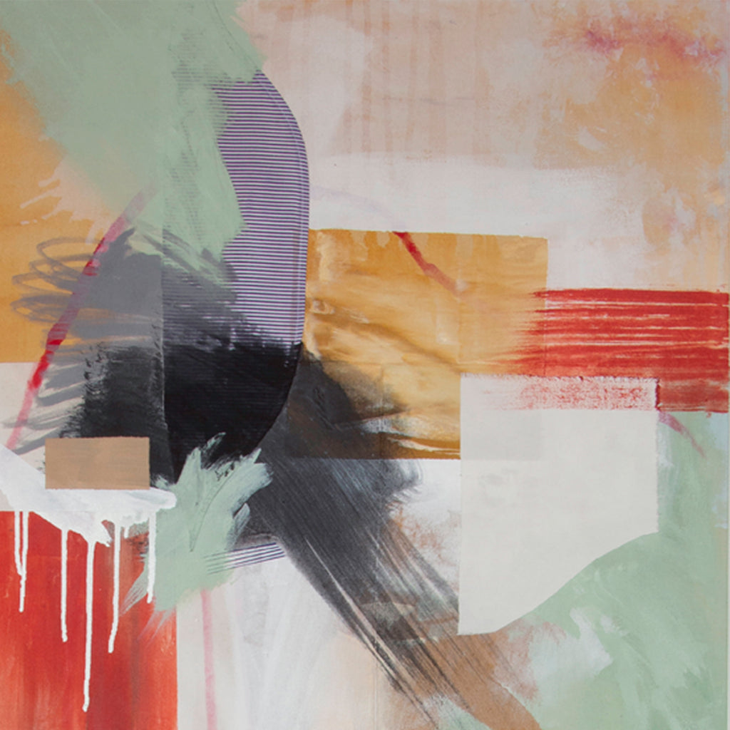 The artwork 'Seemingly Simple II' by Rebecca Stern features an abstract composition with bold brushstrokes in mint green, coral red, and charcoal black against a soft cream background. The piece showcases dynamic geometric shapes and expressive drips, combining structured lines with fluid gestural elements. Textured paint application creates depth and movement across the 39x26 inch canvas. By Rebecca Stern.