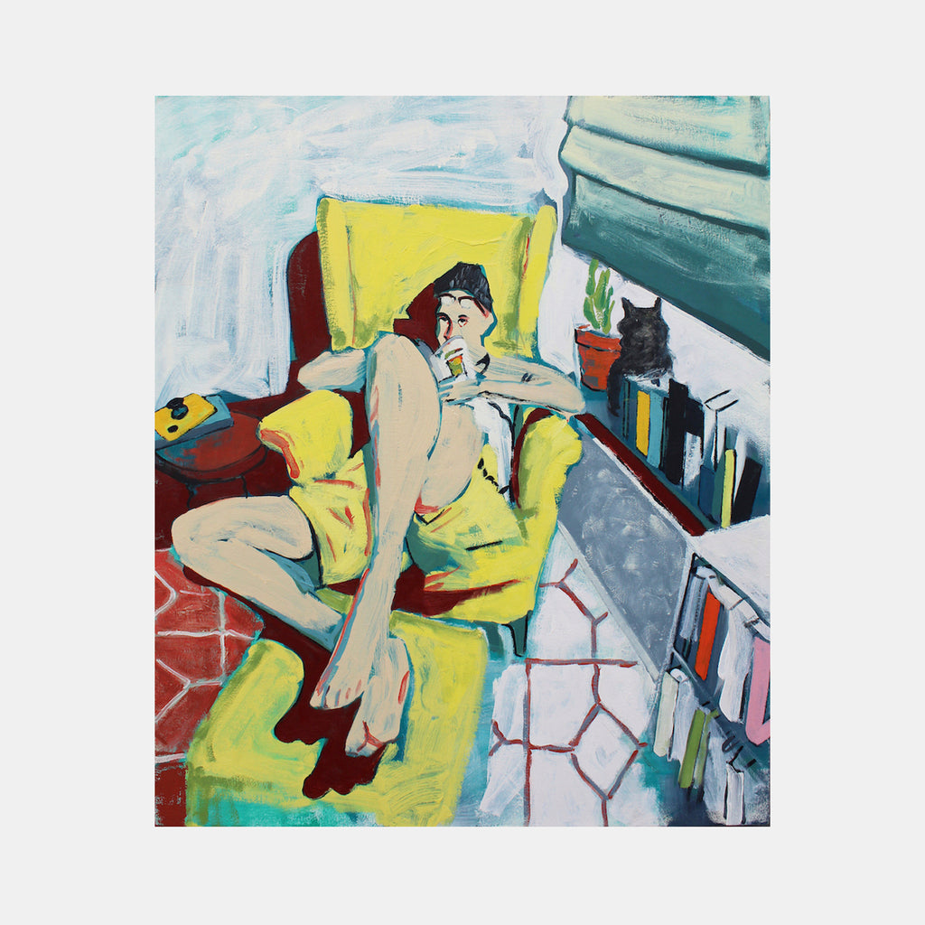 The artwork 'Self-portrait reading Asimov' depicts a figure reclining on a yellow couch against a light blue wall, surrounded by bookshelves. The painting features expressive brushstrokes in vibrant colors including yellow, red, and teal. A geometric patterned floor and stacked books add depth to this contemporary oil painting on canvas. By James Kane.