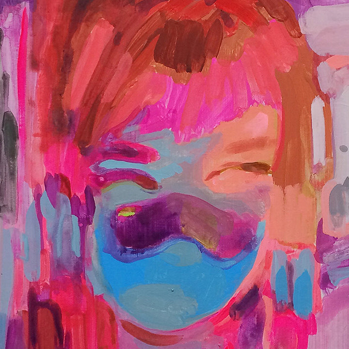 Self Portrait (manipulated) by Michelle Selwa: An abstract acrylic painting featuring vibrant pink, blue, and purple brushstrokes creating a dreamlike composition. Bold vertical strokes in magenta and coral blend with turquoise accents against a hardboard panel, creating an ethereal 12x9 inch contemporary artwork with expressive gestural elements.