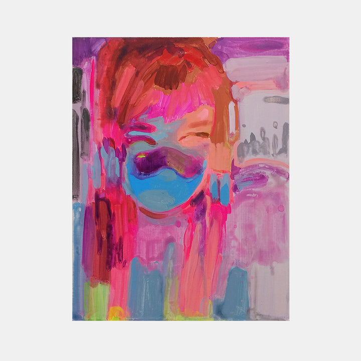 The artwork 'Self Portrait (manipulated)' by Michelle Selwa features abstract expressionist brushstrokes in vibrant coral, magenta, and turquoise. Bold vertical streaks create a dynamic composition with fluid paint application. The piece exhibits energetic movement through dripping effects and layered colors, painted in acrylic on hardboard panel.