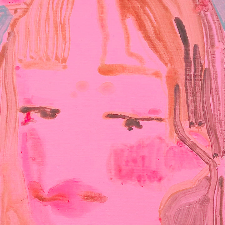 The artwork 'Self Portrait (pink)' by Michelle Selwa features an abstract face rendered in vibrant pink tones on hardboard panel. The acrylic painting depicts fluid brushstrokes creating a minimalist facial silhouette with flowing linear elements. Delicate brown accents define subtle features against the luminous pink background. 12x9 inches. By Michelle Selwa.