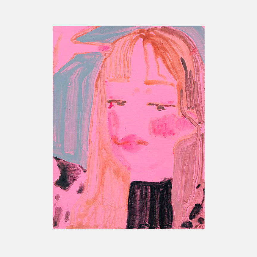 The artwork 'Self Portrait (pink)' depicts an abstracted portrait in vibrant pink tones against a blue-grey background, featuring loose brushstrokes and expressive acrylic painting technique on hardboard panel. Bold pink hues dominate the composition, with contrasting black accents and fluid painterly elements, measuring 12x9 inches. By Michelle Selwa.