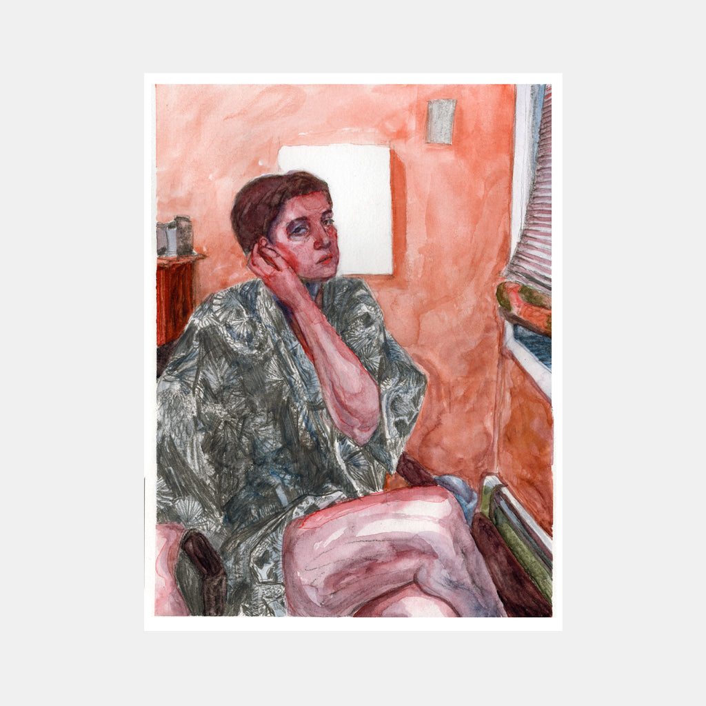 The artwork 'Self Portrait in Brooklyn Home Studio' features a contemplative figure in a patterned green robe against coral-colored walls. Mixed media artwork combines watercolor's fluid textures with charcoal's bold strokes. A window frame and small shelf details add depth to the intimate interior scene. 12x9 inches watercolor and charcoal work by Amelia Galgon.