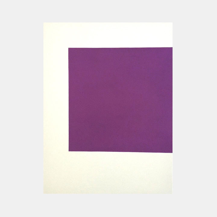 The artwork 'Sense' by Shyun Song features a bold minimalist composition with a perfectly square purple form centered on a cream-colored background. The deep violet hue creates a striking contrast against the neutral canvas, embodying both simplicity and depth in this 40x30 inch oil painting.