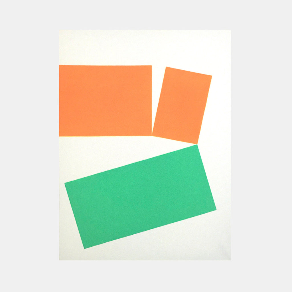 The artwork 'Sensibility' by Shyun Song features a minimalist geometric composition with bold orange and green rectangular shapes against a pristine white background. The oil on canvas piece demonstrates a clean, modern aesthetic with sharp edges and striking color blocks arranged in an asymmetrical balance, creating a dynamic visual interplay between warm and cool tones.