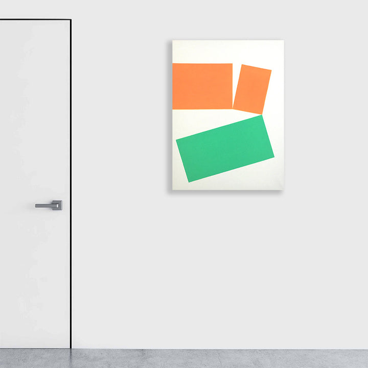 The artwork 'Sensibility' by Shyun Song features a minimalist geometric composition with bold coral orange rectangles positioned at the top and a vibrant green geometric block below, set against a clean white canvas. The abstract arrangement creates a balanced interplay of shapes and colors in oil paint, demonstrating modernist design principles on a 40x30 inch canvas.