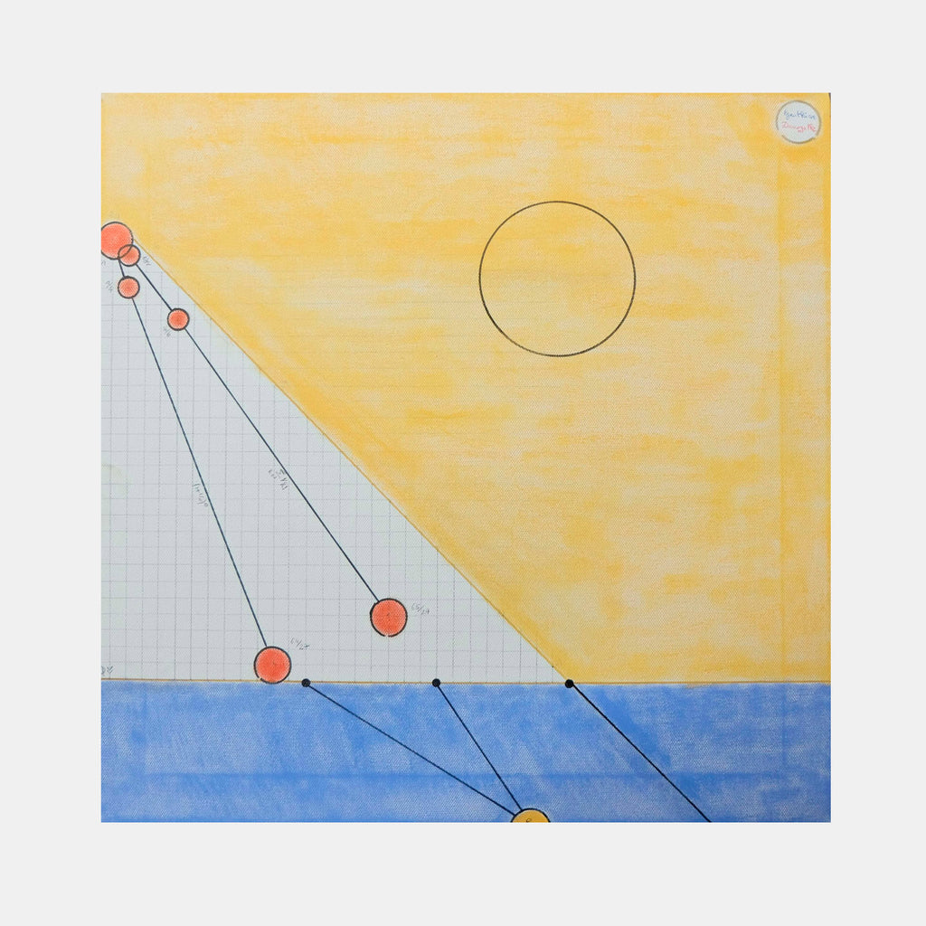 The artwork 'Serenite' by Gauthier Denoyelle features a minimalist geometric composition with coral-colored circles connected by thin black lines against a tricolor background. A yellow sun circle hovers in the upper portion over a white diagonal section and blue base, creating a serene coastal atmosphere. Created with marker, crayon and pencil on canvas.