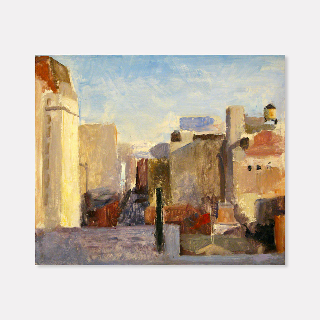 The artwork 'Seventeenth Street' by Peter Colquhoun captures an urban cityscape in impressionistic style, featuring warm-toned buildings bathed in sunlight against a soft blue sky. Oil on linen painting depicts architectural elements with beige and rust-colored structures, vertical poles, and subtle shadows, rendered with loose brushstrokes and atmospheric depth.
