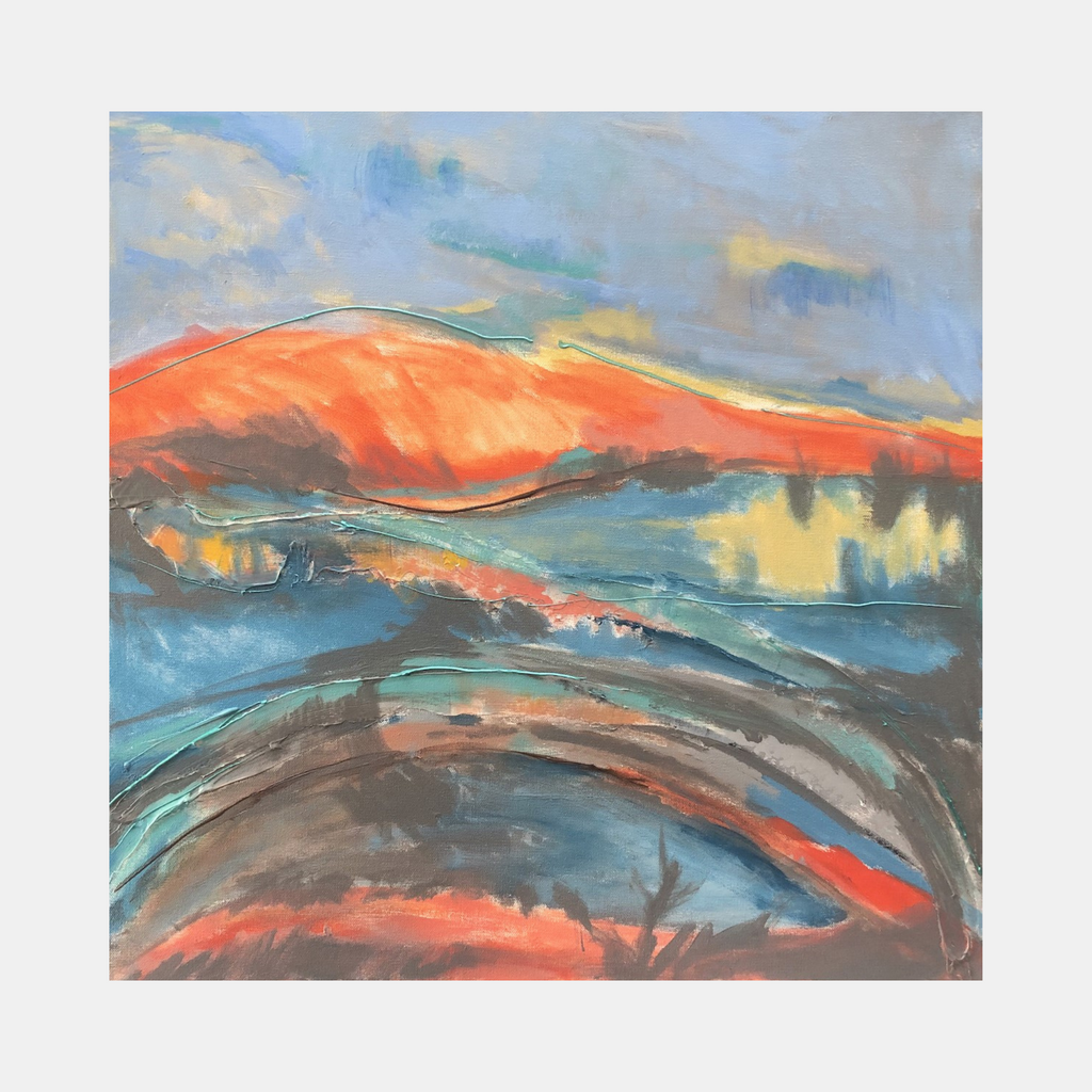 The artwork 'Shadows' depicts abstract rolling landscapes in vibrant coral orange and deep blues, featuring fluid brushstrokes and dynamic movement across the canvas. Sweeping curves suggest mountainous terrain under a stormy sky, with turquoise accents and textured acrylic paint creating depth and dimension. 24x24 inches, by Beth Barry