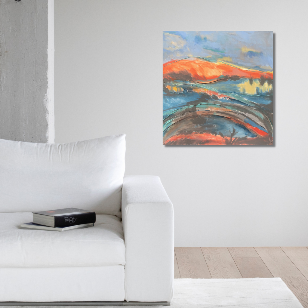 The artwork 'Shadows' by Beth Barry features abstract landscape with sweeping curves in vibrant coral orange and deep turquoise blue. A mountainous horizon glows against a cloudy sky, while fluid brushstrokes create dynamic movement across the 24x24 inch acrylic canvas, suggesting natural forms in an impressionistic style by Beth Barry.