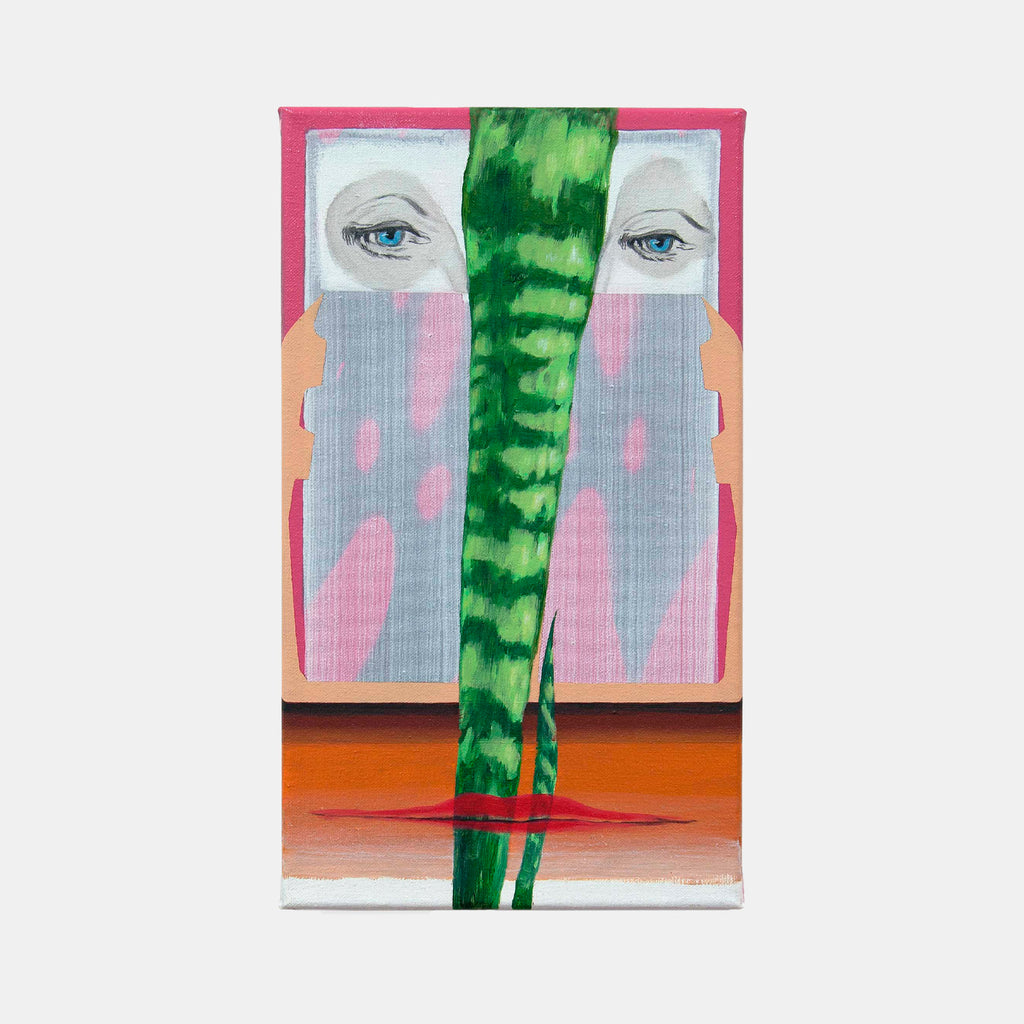 The artwork 'She Works Hard for No Money' features piercing blue eyes peering through gray and pink vertical panels, divided by a vibrant green bamboo-like stalk. Mixed media on cotton creates a striking contrast between soft pastel backgrounds and bold organic forms, set against a coral-colored base. By Christian Perdix.