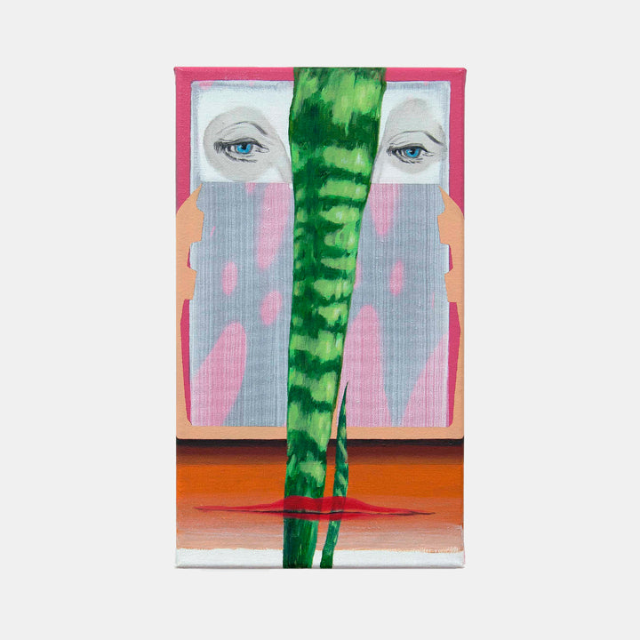 The artwork 'She Works Hard for No Money' features piercing blue eyes peering through gray and pink vertical panels, divided by a vibrant green bamboo-like stalk. Mixed media on cotton creates a striking contrast between soft pastel backgrounds and bold organic forms, set against a coral-colored base. By Christian Perdix.