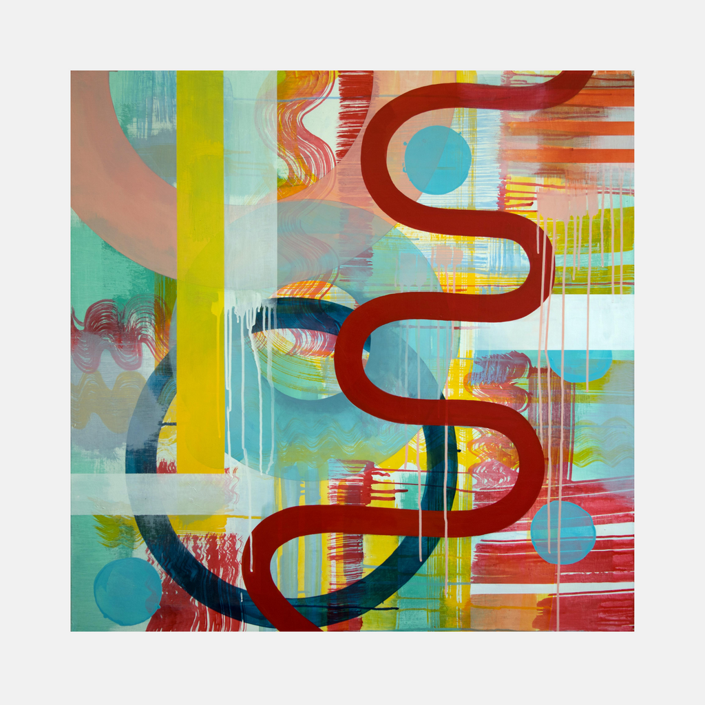 The artwork 'Sheer' by Linda Schmidt features a dynamic abstract composition with a prominent serpentine red curve winding through layers of turquoise, yellow, and coral. Dripping paint effects and bold geometric shapes create depth, while circular forms in soft blue float across the canvas. The 36x36 acrylic painting combines fluid and structured elements in a contemporary style.