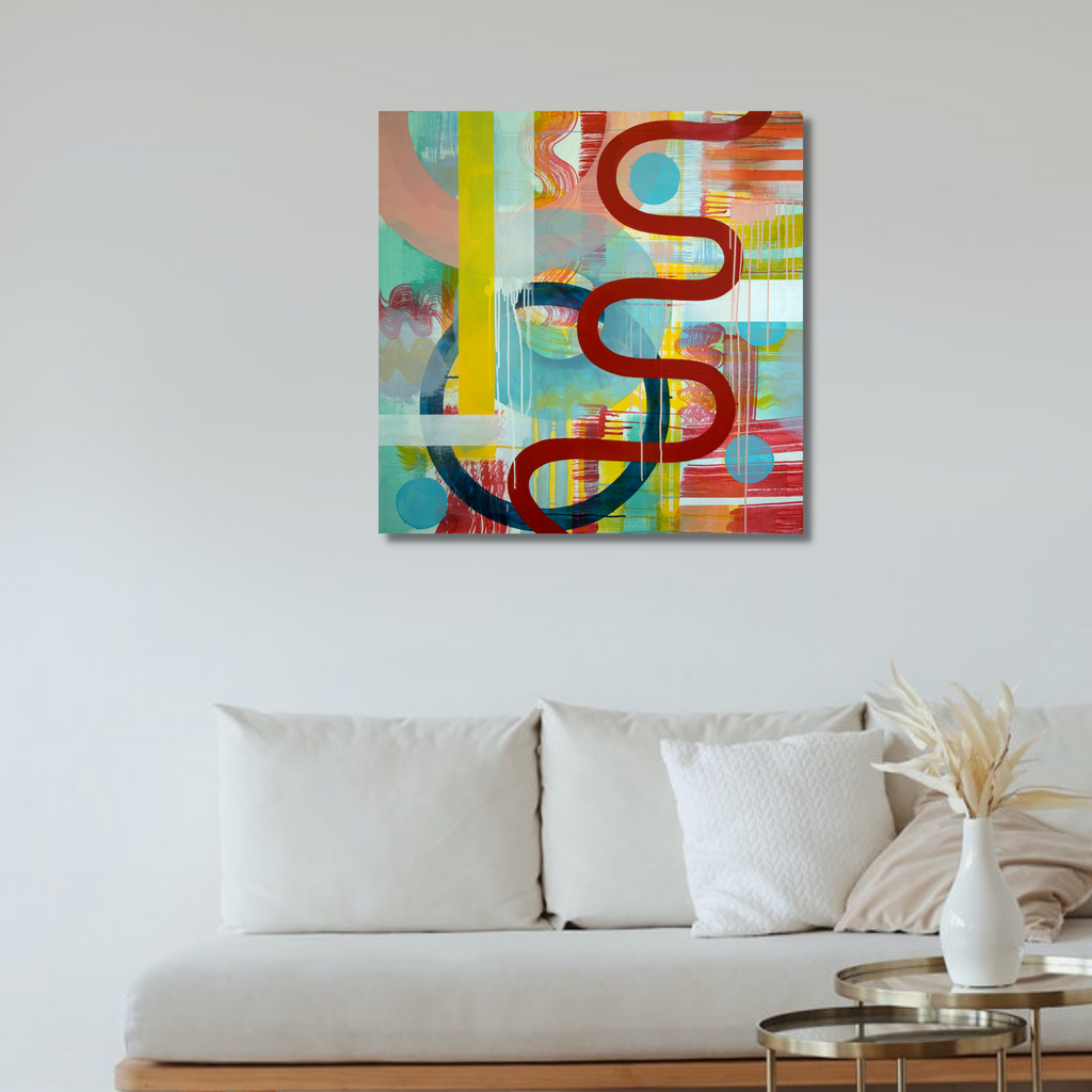 The artwork 'Sheer' by Linda Schmidt features a dynamic abstract composition with a bold curved black line weaving through vibrant layers of turquoise, yellow, and orange. The 36x36 acrylic painting displays a playful interaction of geometric shapes and translucent colors, creating a modern contemporary aesthetic with energetic movement and depth.