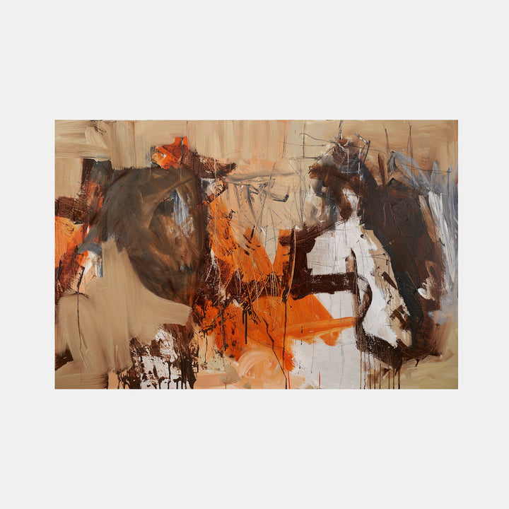 The artwork 'Should Have Known You Were Going To Make Me Cry' by Petra Nimtz features bold abstract expressionist brushstrokes in vibrant orange, deep brown, and white against a neutral beige background. Dynamic drips and gestural marks create emotional tension through contrasting colors and energetic composition on linen canvas, measuring 40x60 inches.