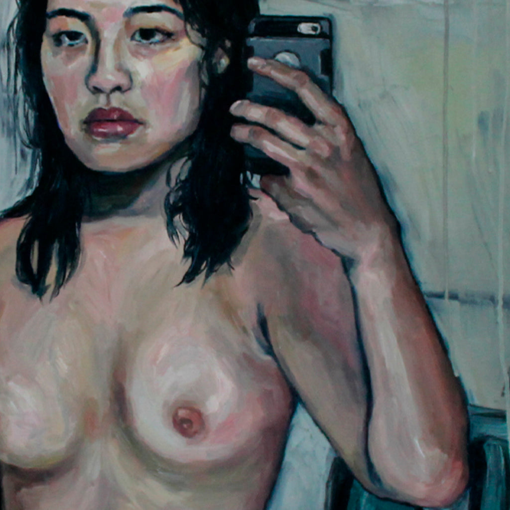 The artwork 'Shower Ritual' features a figure capturing a self-portrait in a bathroom setting. The painting showcases expressive brushwork in oil, with a muted palette of blues, pinks, and flesh tones. The composition emphasizes intimate personal moments through bold strokes and atmospheric lighting. By Amanda Ba.