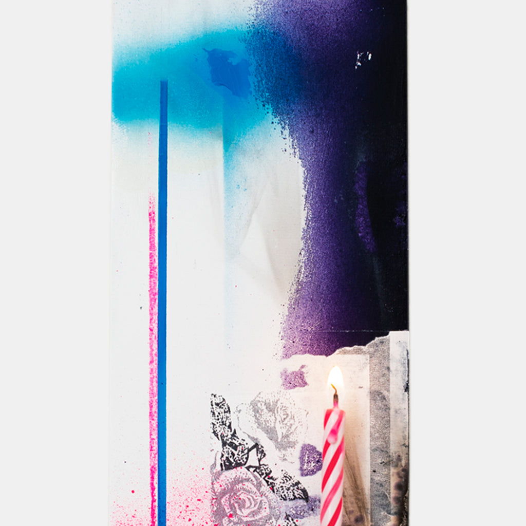 The artwork 'Shrine to the Letter' by Troy Medinis features a striking vertical composition with a vibrant turquoise to deep purple gradient background. A red and white striped birthday candle stands illuminated against textured white gesso transfers and molding paste, accented with delicate spray paint details and ethereal patterns. 10x5 inches mixed media artwork.