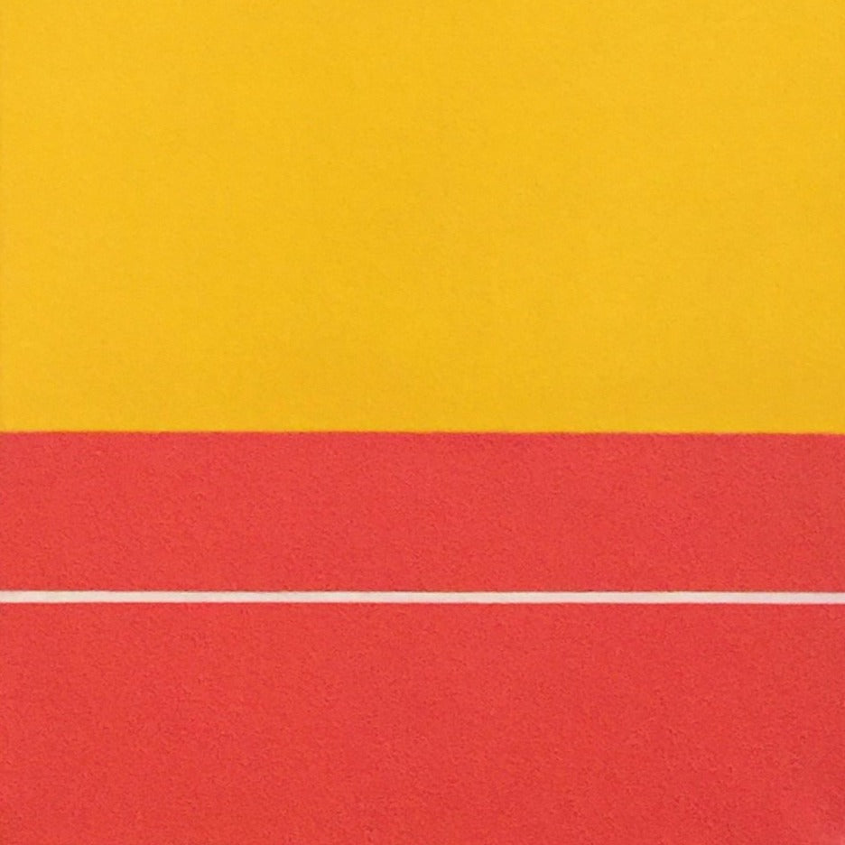 The artwork 'Rapport I' by Shyun Song features a bold minimalist composition with a vibrant yellow upper section contrasting against two parallel red horizontal bands below. The oil on canvas piece showcases clean geometric lines and color blocking in a modern abstract style, creating a striking visual balance between warm tones. Part of a diptych series by Shyun Song.