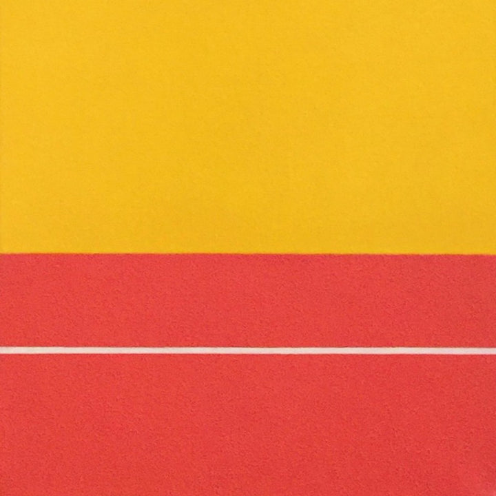 The artwork 'Rapport I' by Shyun Song features a bold minimalist composition with a vibrant yellow upper section contrasting against two parallel red horizontal bands below. The oil on canvas piece showcases clean geometric lines and color blocking in a modern abstract style, creating a striking visual balance between warm tones. Part of a diptych series by Shyun Song.