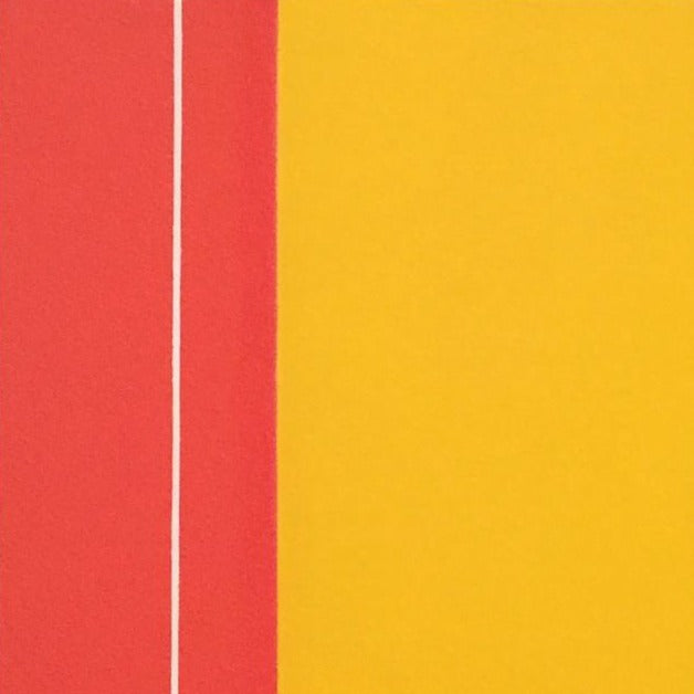 The artwork 'Rapport II' by Shyun Song features bold color blocking with a vibrant red section on the left and a warm yellow field on the right, separated by a crisp white vertical line. This minimalist oil painting on canvas demonstrates strong geometric composition and dynamic color contrast. Part of a diptych series by Shyun Song.