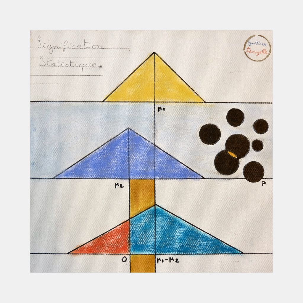 Signification Statistique by Gauthier Denoyelle depicts a geometric abstract composition featuring three triangles in yellow, blue, and split red-turquoise, arranged vertically on a cream background. Black circular dots cluster in the upper right, while a vertical golden line intersects the triangles. Created with marker, crayon and pencil on 10x10 inch canvas.