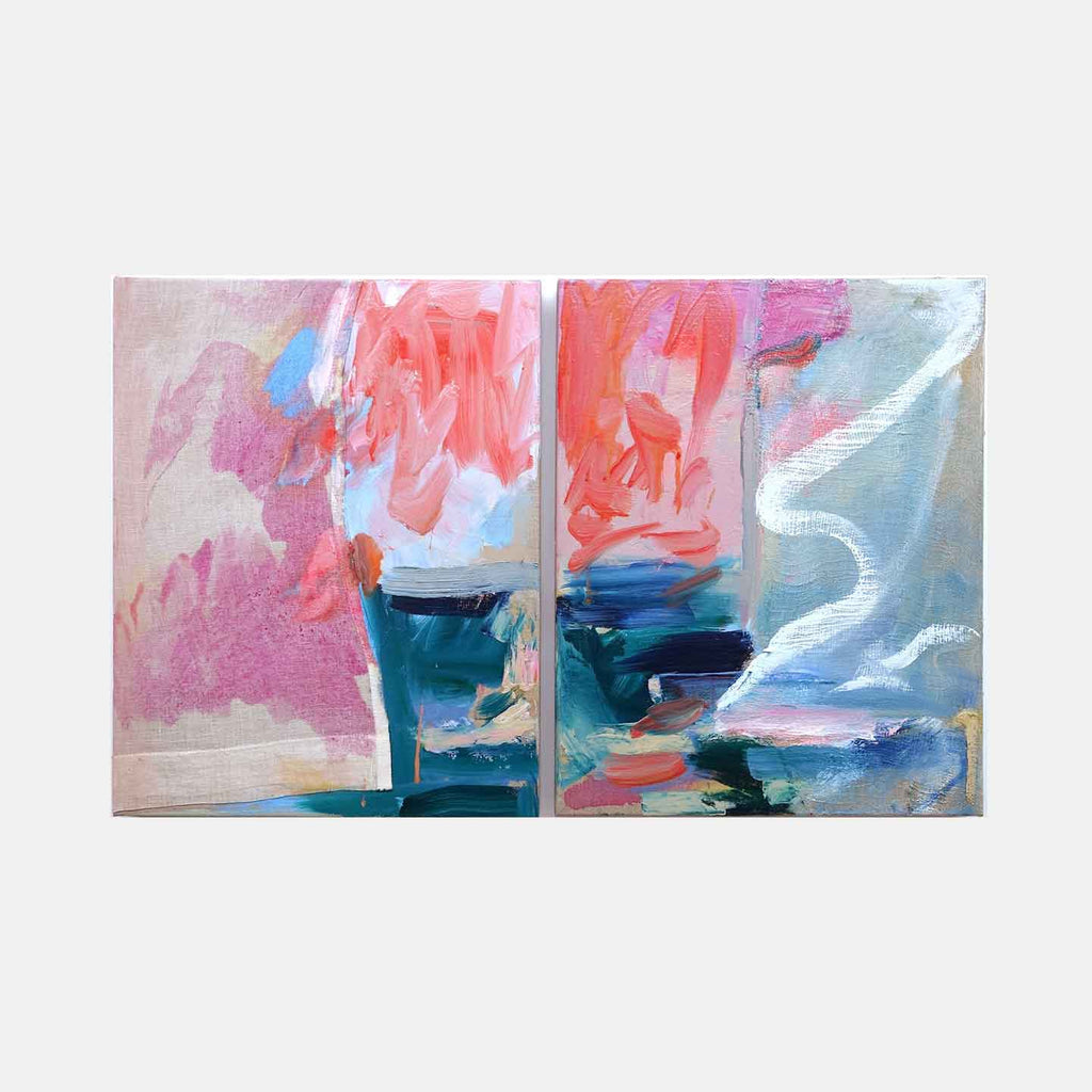 The artwork 'Since Feeling Is First' features bold abstract brushstrokes in coral pink and deep teal, creating a dynamic composition across two panels. Ethereal white and pale blue accents float through swirling gestural marks, suggesting movement and emotion. Oil on canvas diptych showcasing expressive contemporary style by Molly Herman.