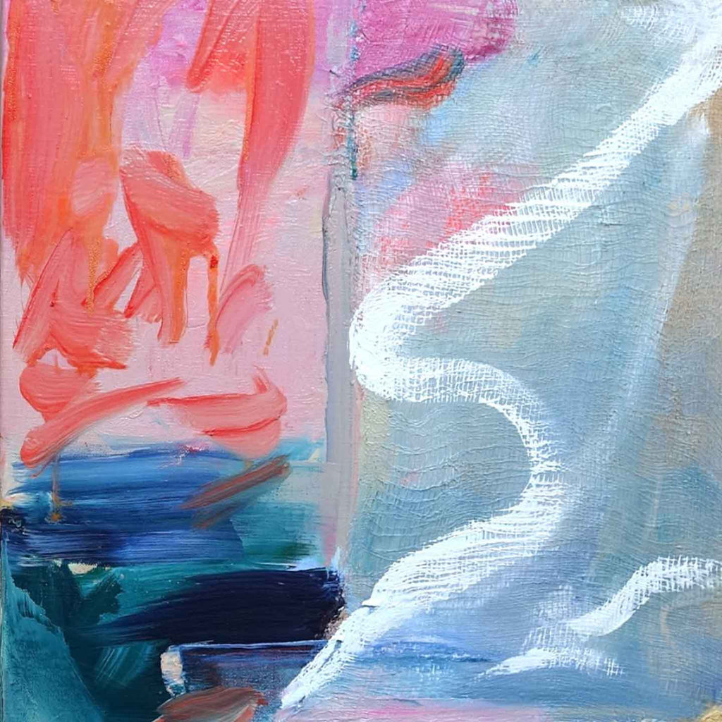 The artwork 'Since Feeling Is First' features vibrant coral pink brushstrokes contrasting with ethereal blue-white swirls, creating a dynamic abstract composition. Bold teal undertones and expressive gestural marks in oil paint suggest movement and emotional depth across the canvas. By Molly Herman.