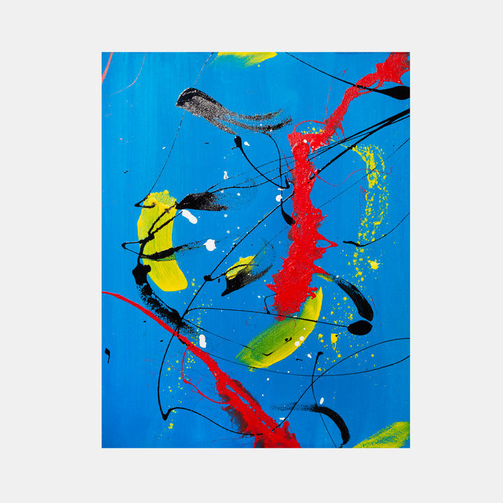 The artwork 'Sinking Below' by Cavier Coleman features dynamic abstract expressionism on a vibrant blue background. Bold splashes of red, yellow, and black create energetic movement across the canvas. Curved black lines intersect with explosive color bursts, while dripping paint techniques add depth and spontaneity to this 40x30 inch acrylic and enamel composition.