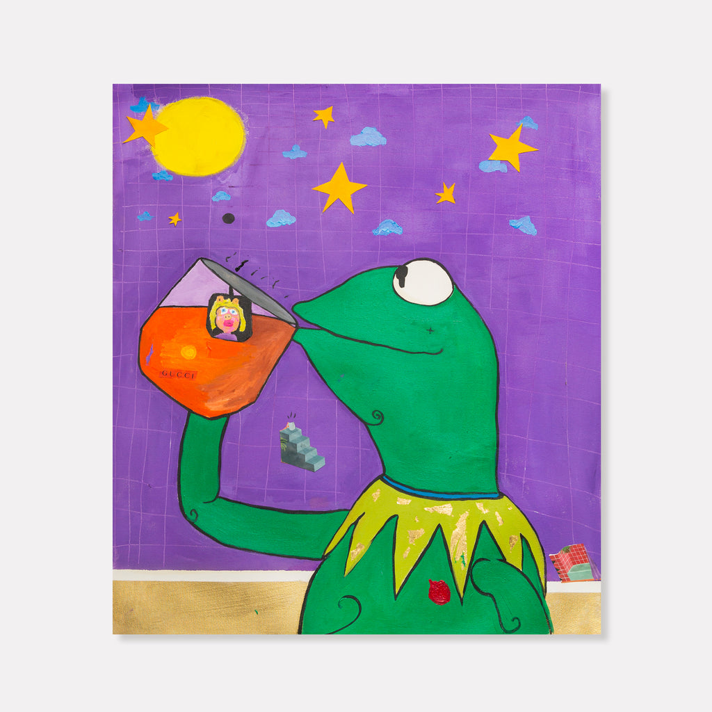 The artwork 'Sipping Tea' by Cavier Coleman features a whimsical green frog in a yellow-trimmed collar, drinking from an orange teacup against a vibrant purple background. Golden stars and a bright yellow sun dot the night sky, with light blue clouds scattered throughout. The mixed-media piece combines ink, oil, and paper collage on canvas, creating a playful and textured composition.
