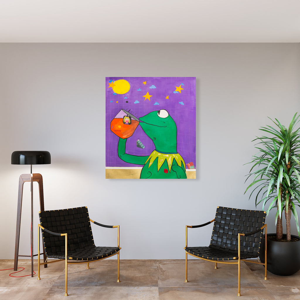 The artwork 'Sipping Tea' by Cavier Coleman features a whimsical Kermit the frog character sipping tea against a vibrant purple night sky backdrop. Yellow moon, white clouds, and twinkling stars create a dreamy atmosphere. Bold green and orange colors dominate the mixed-media composition, combining ink, oil, and paper collage on canvas.