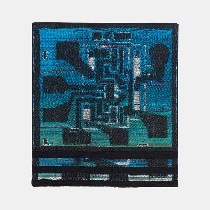 The artwork 'Sky Dust' by Robin Kang features an abstract digital-inspired pattern in vibrant turquoise and deep black. Geometric shapes and circuit-like pathways weave throughout the jacquard-woven textile, creating a modern technological aesthetic. The piece combines traditional weaving with metallic and holographic yarns, resulting in a striking contrast between ancient craft and contemporary design.